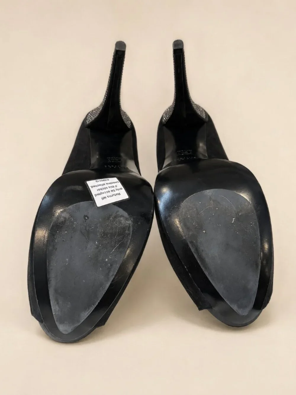 Stuart Weitzman Black Satin Peep Toe Platform Pumps Rhinestone Heels Size 12 M